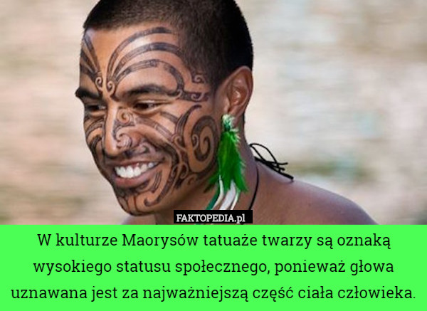 W kulturze Maorysów tatuaże twarzy są oznaką wysokiego statusu społecznego, ponieważ głowa uznawana jest za najważniejszą część ciała człowieka. 