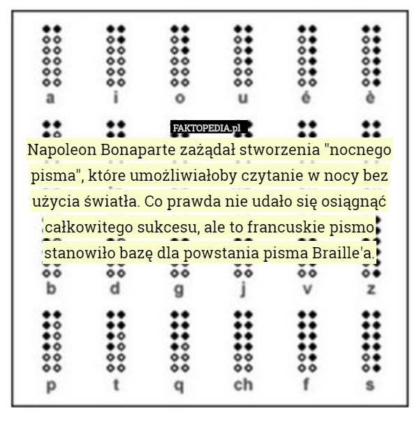 Napoleon Bonaparte zażądał stworzenia "nocnego pisma", które umożliwiałoby czytanie w nocy bez użycia światła. Co prawda nie udało się osiągnąć całkowitego sukcesu, ale to francuskie pismo stanowiło bazę dla powstania pisma Braille'a. 