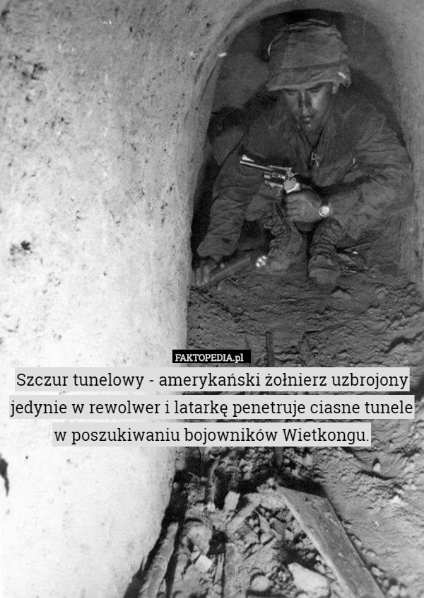 Szczur tunelowy - amerykański żołnierz uzbrojony jedynie w rewolwer i latarkę penetruje ciasne tunele w poszukiwaniu bojowników Wietkongu. 
