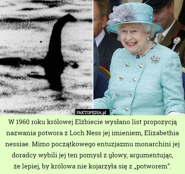 W 1960 roku królowej Elżbiecie wysłano list propozycją nazwania potwora z Loch Ness jej imieniem, Elizabethia nessiae. Mimo początkowego entuzjazmu monarchini jej doradcy wybili jej ten pomysł z głowy, argumentując,
 że lepiej, by królowa nie kojarzyła się z „potworem”. 