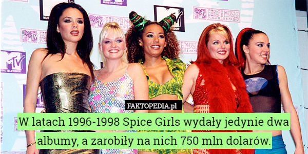 W latach 1996-1998 Spice Girls wydały jedynie dwa albumy, a zarobiły na nich 750 mln dolarów. 