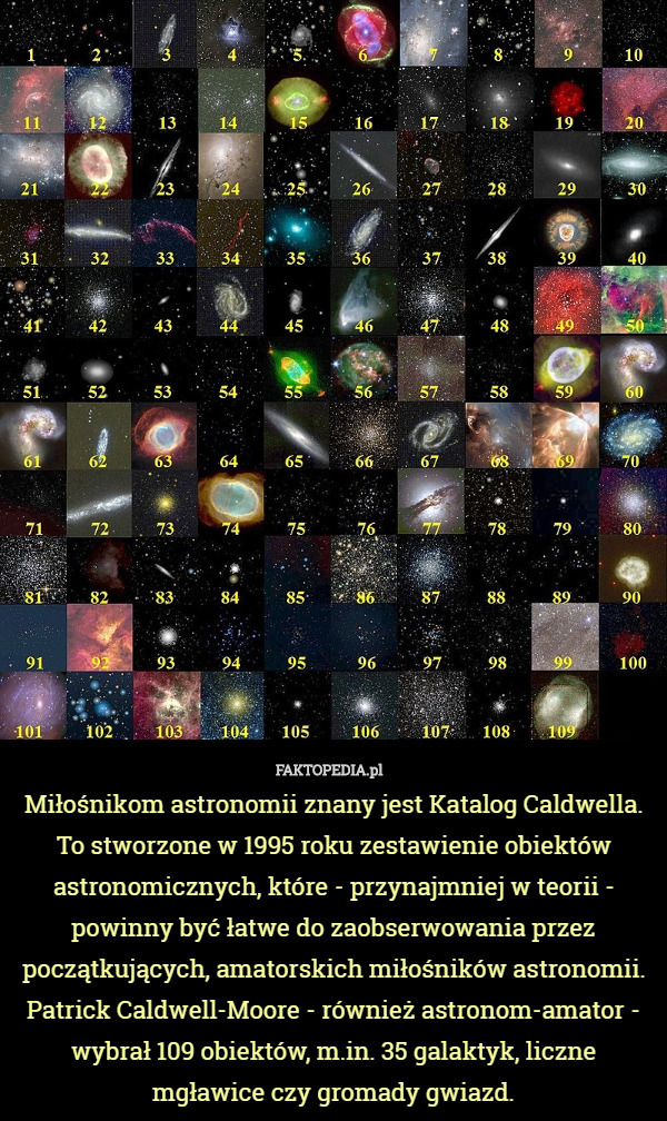 Miłośnikom astronomii znany jest Katalog Caldwella. To stworzone w 1995 roku zestawienie obiektów astronomicznych, które - przynajmniej w teorii - powinny być łatwe do zaobserwowania przez początkujących, amatorskich miłośników astronomii. Patrick Caldwell-Moore - również astronom-amator - wybrał 109 obiektów, m.in. 35 galaktyk, liczne mgławice czy gromady gwiazd. 