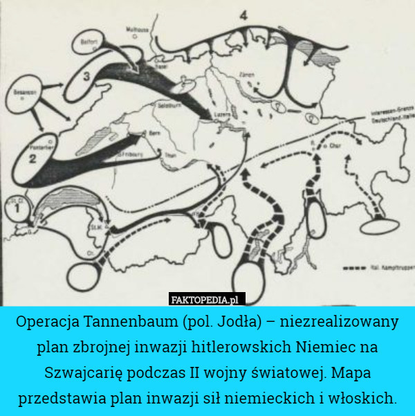 Operacja Tannenbaum (pol. Jodła) – niezrealizowany plan zbrojnej inwazji hitlerowskich Niemiec na Szwajcarię podczas II wojny światowej. Mapa przedstawia plan inwazji sił niemieckich i włoskich. 