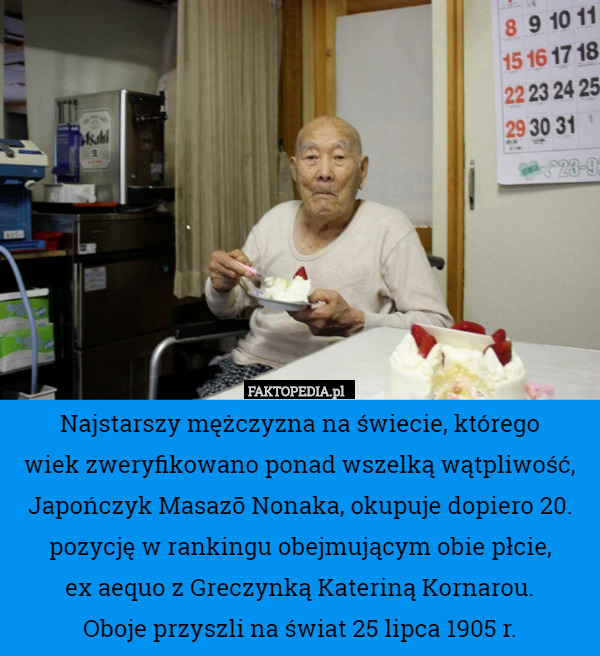 Najstarszy mężczyzna na świecie, którego
wiek zweryfikowano ponad wszelką wątpliwość, Japończyk Masazō Nonaka, okupuje dopiero 20. pozycję w rankingu obejmującym obie płcie,
ex aequo z Greczynką Kateriną Kornarou.
Oboje przyszli na świat 25 lipca 1905 r. 