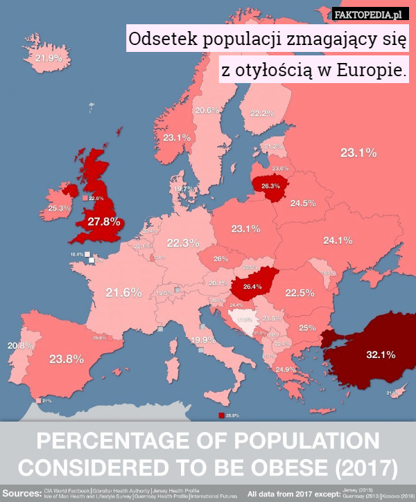 Odsetek populacji zmagający się
 z otyłością w Europie. 