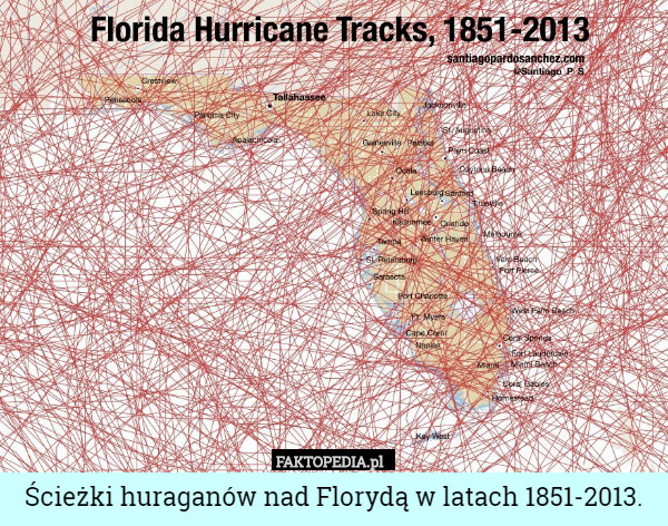 Ścieżki huraganów nad Florydą w latach 1851-2013. 