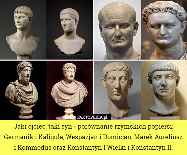 Jaki ojciec, taki syn - porównanie rzymskich popiersi: Germanik i Kaligula, Wespazjan i Domicjan, Marek Aureliusz i Kommodus oraz Konstantyn I Wielki i Konstantyn II. 
