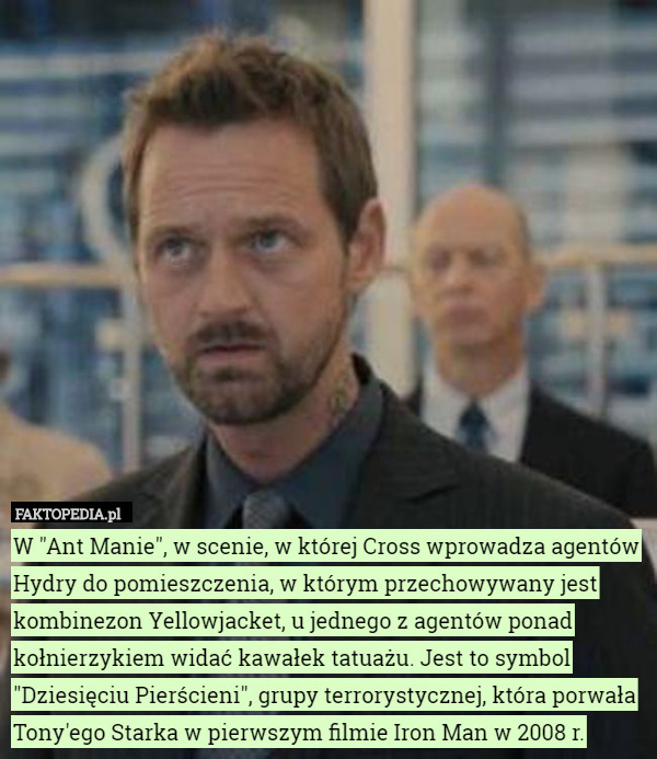 W "Ant Manie", w scenie, w której Cross wprowadza agentów Hydry do pomieszczenia, w którym przechowywany jest kombinezon Yellowjacket, u jednego z agentów ponad kołnierzykiem widać kawałek tatuażu. Jest to symbol "Dziesięciu Pierścieni", grupy terrorystycznej, która porwała Tony'ego Starka w pierwszym filmie Iron Man w 2008 r. 