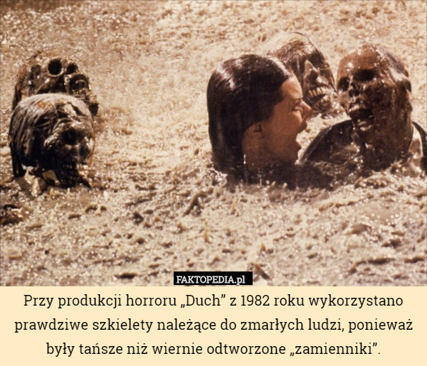 Przy produkcji horroru „Duch” z 1982 roku wykorzystano prawdziwe szkielety należące do zmarłych ludzi, ponieważ były tańsze niż wiernie odtworzone „zamienniki”. 