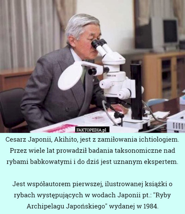 Cesarz Japonii, Akihito, jest z zamiłowania ichtiologiem. Przez wiele lat prowadził badania taksonomiczne nad rybami babkowatymi i do dziś jest uznanym ekspertem.

 Jest współautorem pierwszej, ilustrowanej książki o rybach występujących w wodach Japonii pt.: "Ryby Archipelagu Japońskiego" wydanej w 1984. 