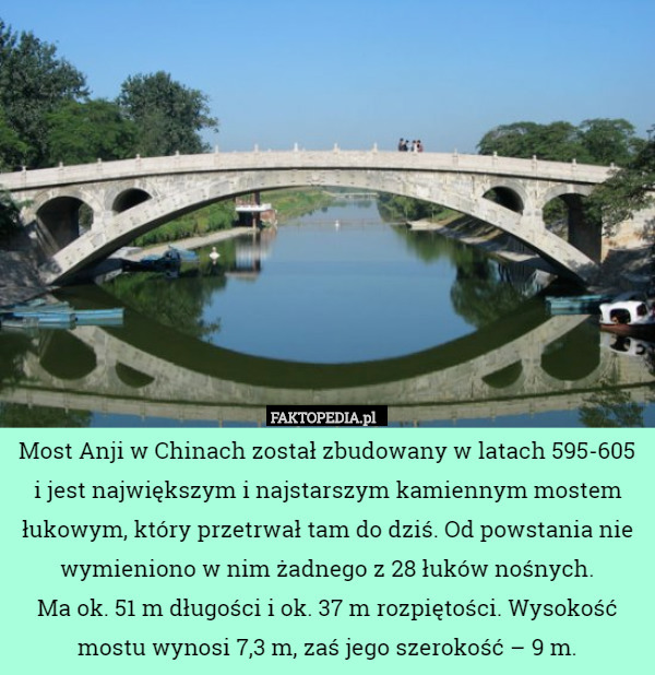 Most Anji w Chinach został zbudowany w latach 595-605 i jest największym i najstarszym kamiennym mostem łukowym, który przetrwał tam do dziś. Od powstania nie wymieniono w nim żadnego z 28 łuków nośnych.
Ma ok. 51 m długości i ok. 37 m rozpiętości. Wysokość mostu wynosi 7,3 m, zaś jego szerokość – 9 m. 