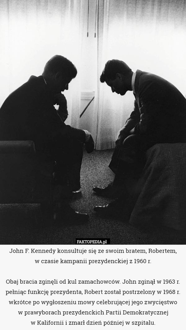 John F. Kennedy konsultuje się ze swoim bratem, Robertem,
 w czasie kampanii prezydenckiej z 1960 r.

 Obaj bracia zginęli od kul zamachowców. John zginął w 1963 r. pełniąc funkcję prezydenta, Robert został postrzelony w 1968 r. wkrótce po wygłoszeniu mowy celebrującej jego zwycięstwo
 w prawyborach prezydenckich Partii Demokratycznej
 w Kalifornii i zmarł dzień później w szpitalu. 