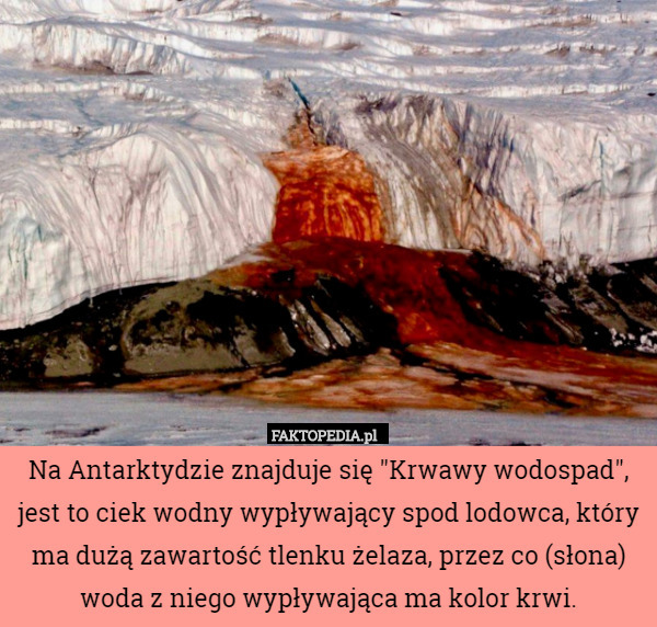 Na Antarktydzie znajduje się "Krwawy wodospad", jest to ciek wodny wypływający spod lodowca, który ma dużą zawartość tlenku żelaza, przez co (słona) woda z niego wypływająca ma kolor krwi. 