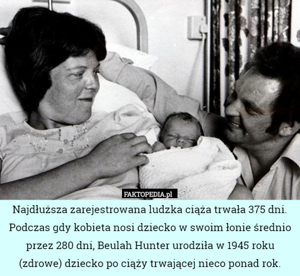 Najdłuższa zarejestrowana ludzka ciąża trwała 375 dni. Podczas gdy kobieta nosi dziecko w swoim łonie średnio przez 280 dni, Beulah Hunter urodziła w 1945 roku (zdrowe) dziecko po ciąży trwającej nieco ponad rok. 