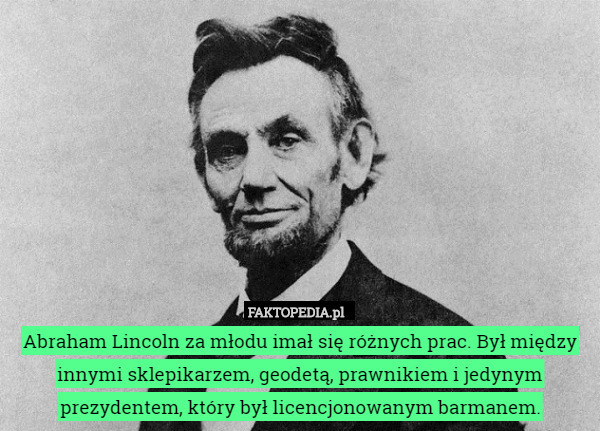 Abraham Lincoln za młodu imał się różnych prac. Był między innymi sklepikarzem, geodetą, prawnikiem i jedynym prezydentem, który był licencjonowanym barmanem. 