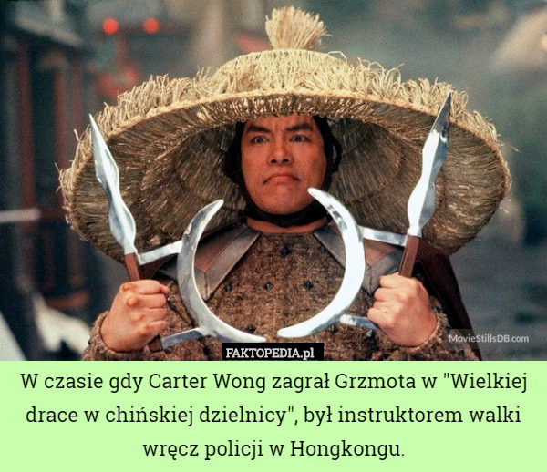 W czasie gdy Carter Wong zagrał Grzmota w "Wielkiej drace w chińskiej dzielnicy", był instruktorem walki wręcz policji w Hongkongu. 