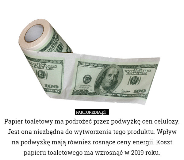 Papier toaletowy ma podrożeć przez podwyżkę cen celulozy. Jest ona niezbędna do wytworzenia tego produktu. Wpływ na podwyżkę mają również rosnące ceny energii. Koszt papieru toaletowego ma wzrosnąć w 2019 roku. 