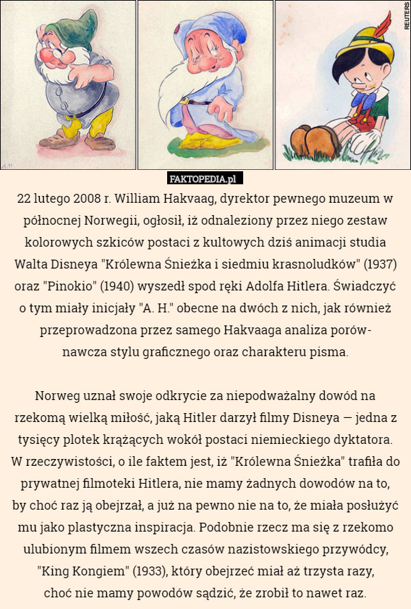 22 lutego 2008 r. William Hakvaag, dyrektor pewnego muzeum w północnej Norwegii, ogłosił, iż odnaleziony przez niego zestaw kolorowych szkiców postaci z kultowych dziś animacji studia Walta Disneya "Królewna Śnieżka i siedmiu krasnoludków" (1937) oraz "Pinokio" (1940) wyszedł spod ręki Adolfa Hitlera. Świadczyć
 o tym miały inicjały "A. H." obecne na dwóch z nich, jak również przeprowadzona przez samego Hakvaaga analiza porów-
nawcza stylu graficznego oraz charakteru pisma.

Norweg uznał swoje odkrycie za niepodważalny dowód na rzekomą wielką miłość, jaką Hitler darzył filmy Disneya — jedna z tysięcy plotek krążących wokół postaci niemieckiego dyktatora.
 W rzeczywistości, o ile faktem jest, iż "Królewna Śnieżka" trafiła do prywatnej filmoteki Hitlera, nie mamy żadnych dowodów na to,
 by choć raz ją obejrzał, a już na pewno nie na to, że miała posłużyć
mu jako plastyczna inspiracja. Podobnie rzecz ma się z rzekomo ulubionym filmem wszech czasów nazistowskiego przywódcy, "King Kongiem" (1933), który obejrzeć miał aż trzysta razy,
 choć nie mamy powodów sądzić, że zrobił to nawet raz. 