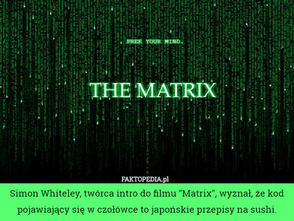 Simon Whiteley, twórca intro do filmu "Matrix", wyznał, że kod pojawiający się w czołówce to japońskie przepisy na sushi. 