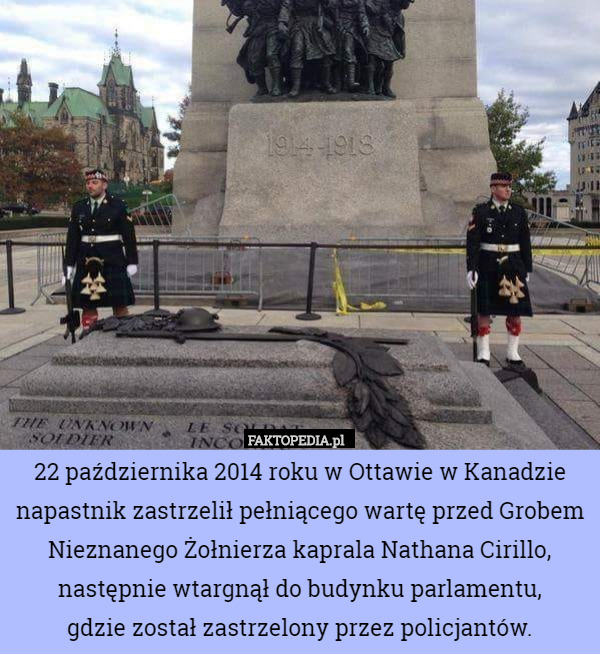 22 października 2014 roku w Ottawie w Kanadzie napastnik zastrzelił pełniącego wartę przed Grobem Nieznanego Żołnierza kaprala Nathana Cirillo, następnie wtargnął do budynku parlamentu,
 gdzie został zastrzelony przez policjantów. 