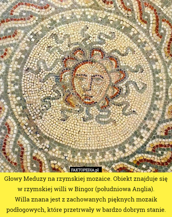 Głowy Meduzy na rzymskiej mozaice. Obiekt znajduje się w rzymskiej willi w Bingor (południowa Anglia).
 Willa znana jest z zachowanych pięknych mozaik podłogowych, które przetrwały w bardzo dobrym stanie. 