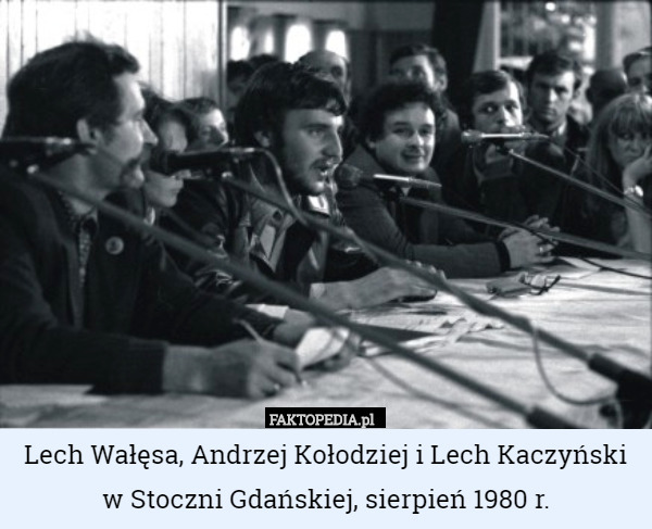 Lech Wałęsa, Andrzej Kołodziej i Lech Kaczyński w Stoczni Gdańskiej, sierpień 1980 r. 