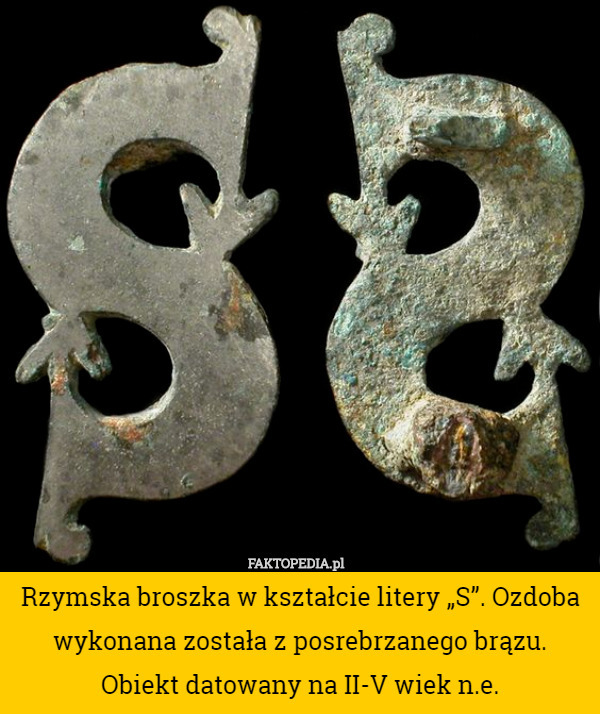 Rzymska broszka w kształcie litery „S”. Ozdoba wykonana została z posrebrzanego brązu. Obiekt datowany na II-V wiek n.e. 