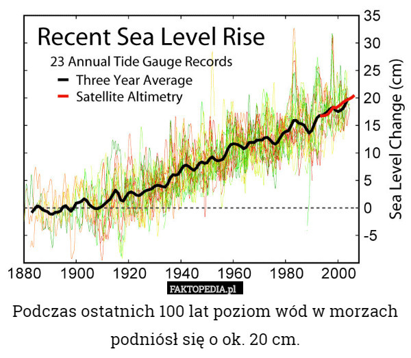 Podczas ostatnich 100 lat poziom wód w morzach podniósł się o ok. 20 cm. 