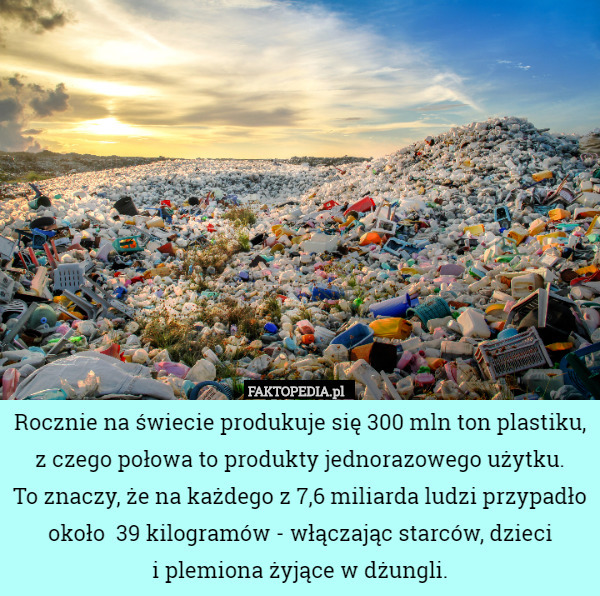 Rocznie na świecie produkuje się 300 mln ton plastiku, z czego połowa to produkty jednorazowego użytku.
 To znaczy, że na każdego z 7,6 miliarda ludzi przypadło około 39 kilogramów - włączając starców, dzieci
 i plemiona żyjące w dżungli. 