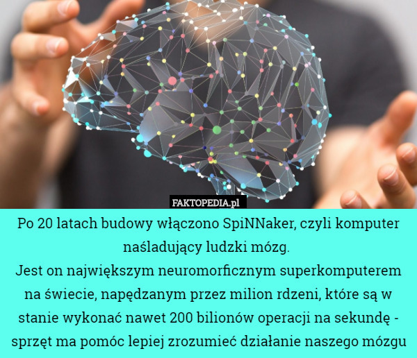 Po 20 latach budowy włączono SpiNNaker, czyli komputer naśladujący ludzki mózg. 
Jest on największym neuromorficznym superkomputerem na świecie, napędzanym przez milion rdzeni, które są w stanie wykonać nawet 200 bilionów operacji na sekundę - sprzęt ma pomóc lepiej zrozumieć działanie naszego mózgu 