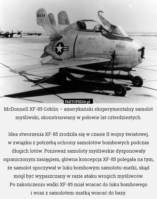 McDonnell XF-85 Goblin – amerykański eksperymentalny samolot myśliwski, skonstruowany w połowie lat czterdziestych.

Idea stworzenia XF-85 zrodziła się w czasie II wojny światowej,
 w związku z potrzebą ochrony samolotów bombowych podczas długich lotów. Ponieważ samoloty myśliwskie dysponowały ograniczonym zasięgiem, główna koncepcja XF-85 polegała na tym, że samolot spoczywał w luku bombowym samolotu-matki, skąd mógł być wypuszczany w razie ataku wrogich myśliwców.
 Po zakończeniu walki XF-85 miał wracać do luku bombowego
 i wraz z samolotem-matką wracać do bazy. 