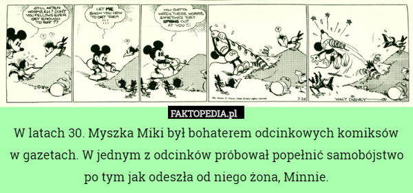 W latach 30. Myszka Miki był bohaterem odcinkowych komiksów w gazetach. W jednym z odcinków próbował popełnić samobójstwo po tym jak odeszła od niego żona, Minnie. 