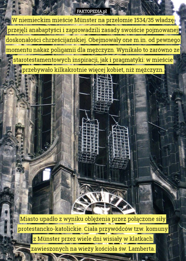 W niemieckim mieście Münster na przełomie 1534/35 władzę przejęli anabaptyści i zaprowadzili zasady swoiście pojmowanej doskonałości chrześcijańskiej. Obejmowały one m.in. od pewnego momentu nakaz poligamii dla mężczyzn. Wynikało to zarówno ze starotestamentowych inspiracji, jak i pragmatyki: w mieście przebywało kilkakrotnie więcej kobiet, niż mężczyzn.













 
Miasto upadło z wyniku oblężenia przez połączone siły protestancko-katolickie. Ciała przywódców tzw. komuny
 z Münster przez wiele dni wisiały w klatkach
 zawieszonych na wieży kościoła św. Lamberta. 