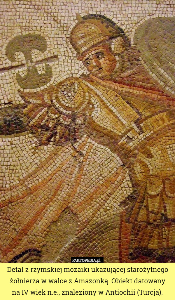 Detal z rzymskiej mozaiki ukazującej starożytnego żołnierza w walce z Amazonką. Obiekt datowany
 na IV wiek n.e., znaleziony w Antiochii (Turcja). 