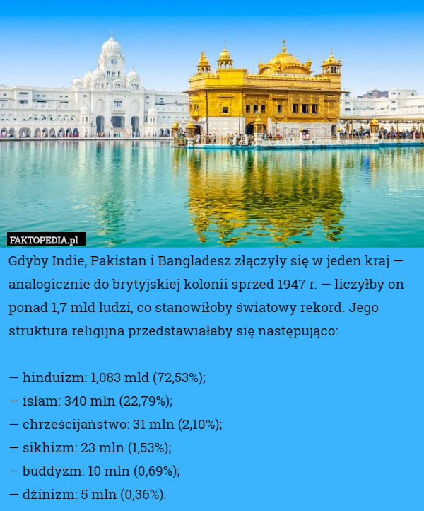Gdyby Indie, Pakistan i Bangladesz złączyły się w jeden kraj — analogicznie do brytyjskiej kolonii sprzed 1947 r. — liczyłby on ponad 1,7 mld ludzi, co stanowiłoby światowy rekord. Jego struktura religijna przedstawiałaby się następująco:

— hinduizm: 1,083 mld (72,53%);
— islam: 340 mln (22,79%);
— chrześcijaństwo: 31 mln (2,10%);
— sikhizm: 23 mln (1,53%);
— buddyzm: 10 mln (0,69%);
— dźinizm: 5 mln (0,36%). 
