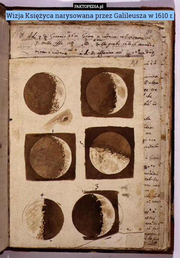 Wizja Księżyca narysowana przez Galileusza w 1610 r. 