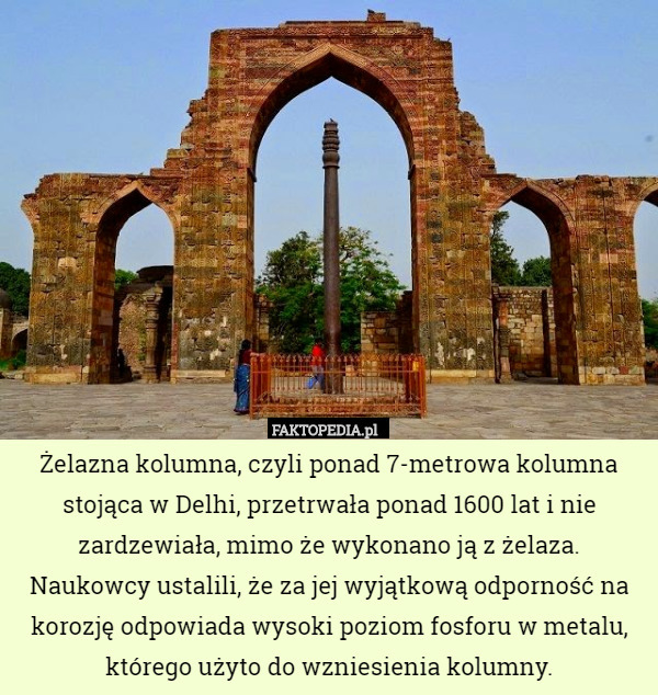 Żelazna kolumna, czyli ponad 7-metrowa kolumna stojąca w Delhi, przetrwała ponad 1600 lat i nie zardzewiała, mimo że wykonano ją z żelaza.
 Naukowcy ustalili, że za jej wyjątkową odporność na korozję odpowiada wysoki poziom fosforu w metalu, którego użyto do wzniesienia kolumny. 
