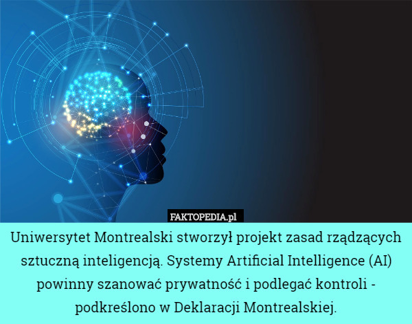 Uniwersytet Montrealski stworzył projekt zasad rządzących sztuczną inteligencją. Systemy Artificial Intelligence (AI) powinny szanować prywatność i podlegać kontroli - podkreślono w Deklaracji Montrealskiej. 