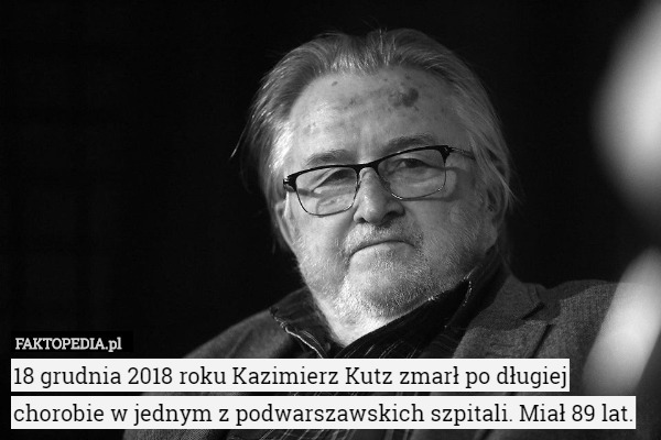 18 grudnia 2018 roku Kazimierz Kutz zmarł po długiej chorobie w jednym z podwarszawskich szpitali. Miał 89 lat. 