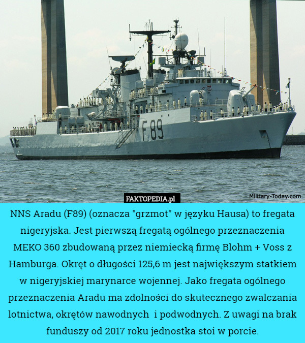 NNS Aradu (F89) (oznacza "grzmot" w języku Hausa) to fregata nigeryjska. Jest pierwszą fregatą ogólnego przeznaczenia MEKO 360 zbudowaną przez niemiecką firmę Blohm + Voss z Hamburga. Okręt o długości 125,6 m jest największym statkiem w nigeryjskiej marynarce wojennej. Jako fregata ogólnego przeznaczenia Aradu ma zdolności do skutecznego zwalczania lotnictwa, okrętów nawodnych  i podwodnych. Z uwagi na brak funduszy od 2017 roku jednostka stoi w porcie. 