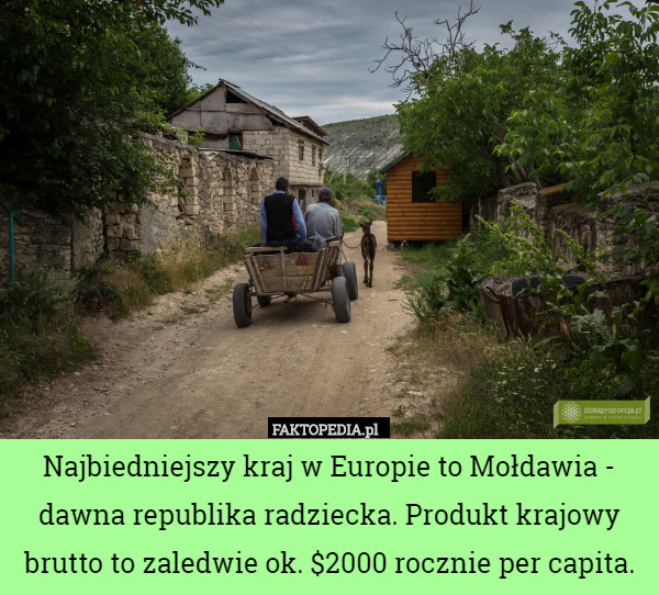Najbiedniejszy kraj w Europie to Mołdawia - dawna republika radziecka. Produkt krajowy brutto to zaledwie ok. $2000 rocznie per capita. 