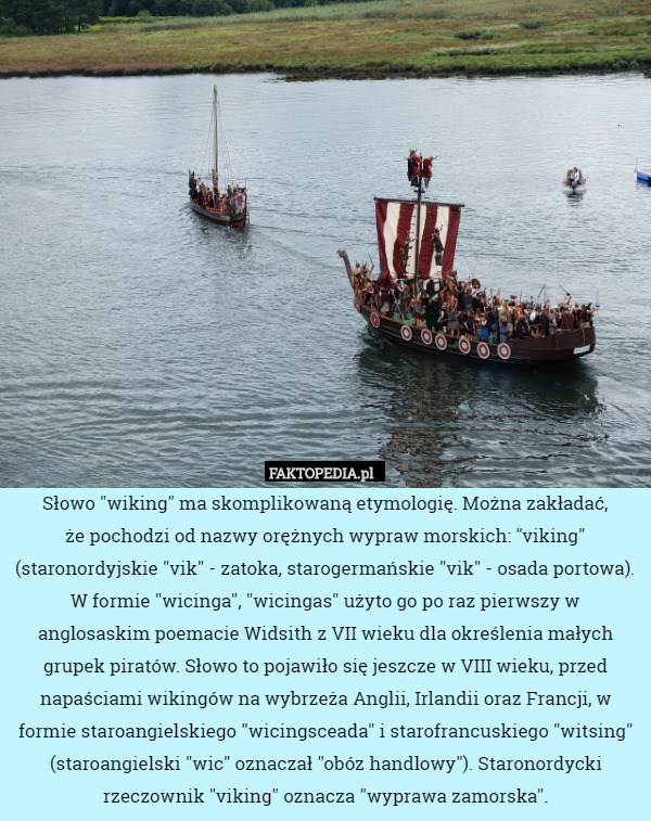 Słowo "wiking" ma skomplikowaną etymologię. Można zakładać,
 że pochodzi od nazwy orężnych wypraw morskich: "viking" (staronordyjskie "vik" - zatoka, starogermańskie "vik" - osada portowa). W formie "wicinga", "wicingas" użyto go po raz pierwszy w anglosaskim poemacie Widsith z VII wieku dla określenia małych grupek piratów. Słowo to pojawiło się jeszcze w VIII wieku, przed napaściami wikingów na wybrzeża Anglii, Irlandii oraz Francji, w formie staroangielskiego "wicingsceada" i starofrancuskiego "witsing" (staroangielski "wic" oznaczał "obóz handlowy"). Staronordycki rzeczownik "viking" oznacza "wyprawa zamorska". 