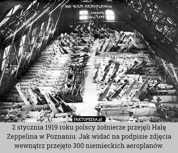 2 stycznia 1919 roku polscy żołnierze przejęli Halę Zeppelina w Poznaniu. Jak widać na podpisie zdjęcia wewnątrz przejęto 300 niemieckich aeroplanów. 