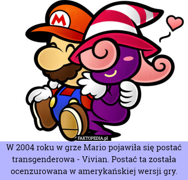 W 2004 roku w grze Mario pojawiła się postać transgenderowa - Vivian. Postać ta została ocenzurowana w amerykańskiej wersji gry. 