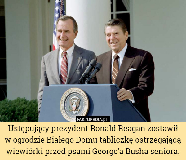Ustępujący prezydent Ronald Reagan zostawił w ogrodzie Białego Domu tabliczkę ostrzegającą wiewiórki przed psami George’a Busha seniora. 