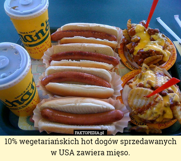 10% wegetariańskich hot dogów sprzedawanych w USA zawiera mięso. 