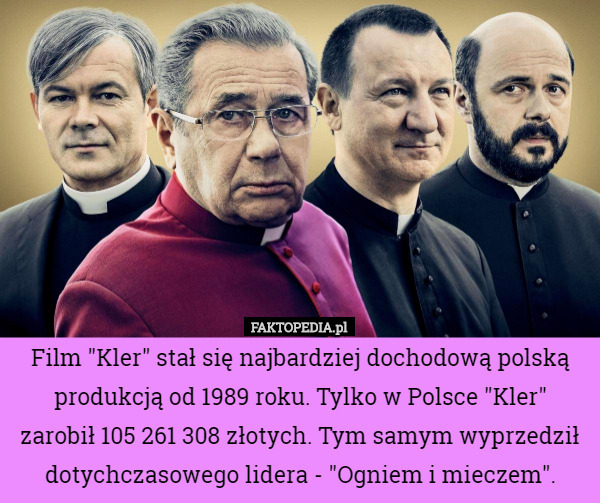 Film "Kler" stał się najbardziej dochodową polską produkcją od 1989 roku. Tylko w Polsce "Kler" zarobił 105 261 308 złotych. Tym samym wyprzedził dotychczasowego lidera - "Ogniem i mieczem". 