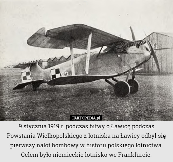 9 stycznia 1919 r. podczas bitwy o Ławicę podczas Powstania Wielkopolskiego z lotniska na Ławicy odbył się pierwszy nalot bombowy w historii polskiego lotnictwa. Celem było niemieckie lotnisko we Frankfurcie. 
