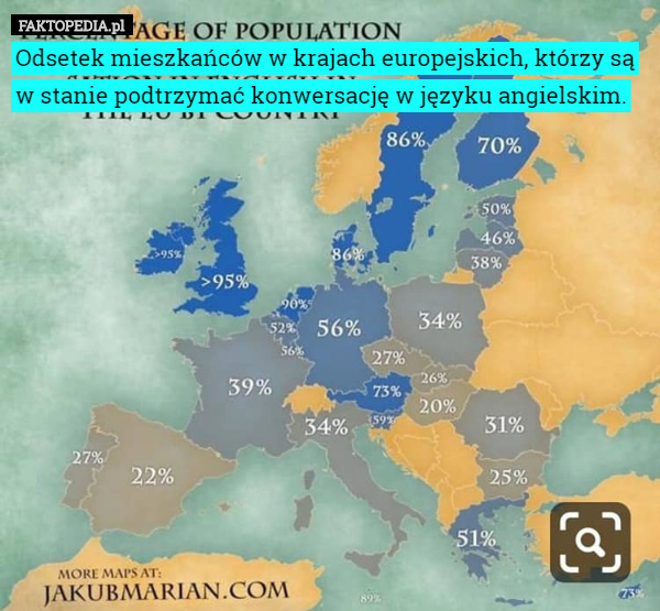 Odsetek mieszkańców w krajach europejskich, którzy są w stanie podtrzymać konwersację w języku angielskim. 