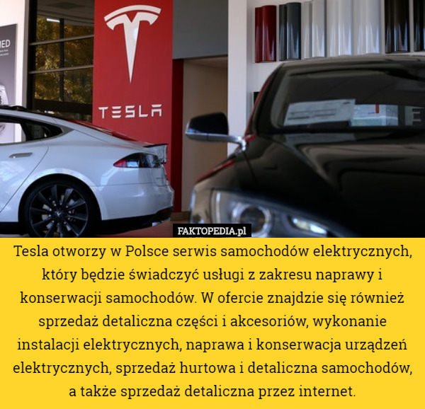 Tesla otworzy w Polsce serwis samochodów elektrycznych, który będzie świadczyć usługi z zakresu naprawy i konserwacji samochodów. W ofercie znajdzie się również sprzedaż detaliczna części i akcesoriów, wykonanie instalacji elektrycznych, naprawa i konserwacja urządzeń elektrycznych, sprzedaż hurtowa i detaliczna samochodów, a także sprzedaż detaliczna przez internet. 